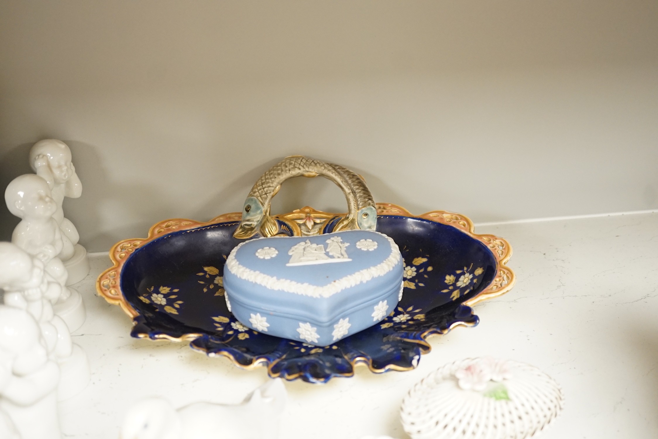 A Royal Copenhagen vase, various dishes and four ornaments, ten Bing & Grondahl figures, two Wedgwood jasperware pots and other ceramics, tallest 18cm